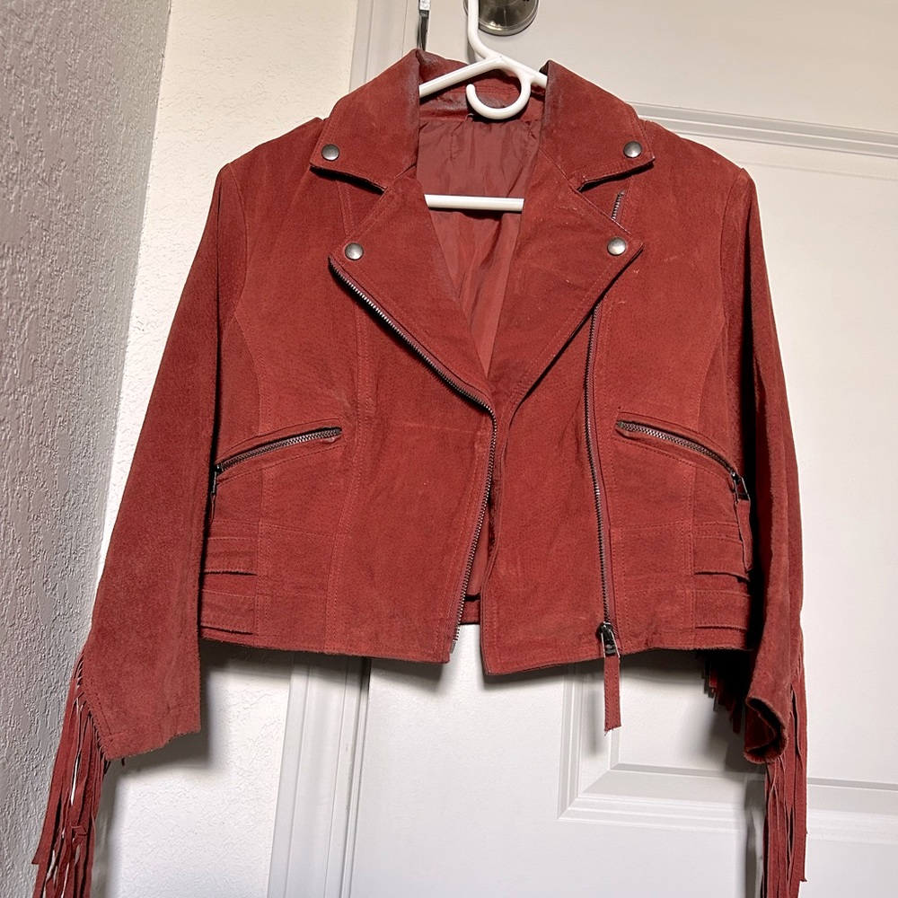 Suede Fringe Moto Jacket - Rust Red